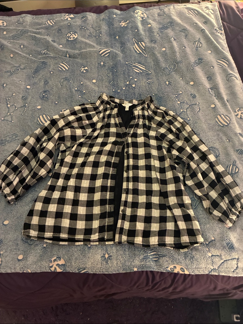 Time and Tru Black & White Plaid Button-Down Top for Girls